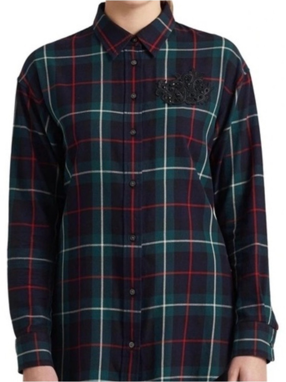 Lauren Ralph Lauren Plaid Embellished Button Down Shirt Black Green Red large